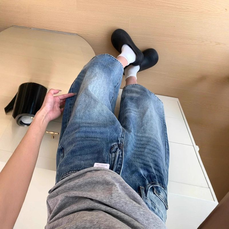 美式复古高腰宽松直筒牛仔短裤女夏季新款设计感垂感七分阔腿裤潮