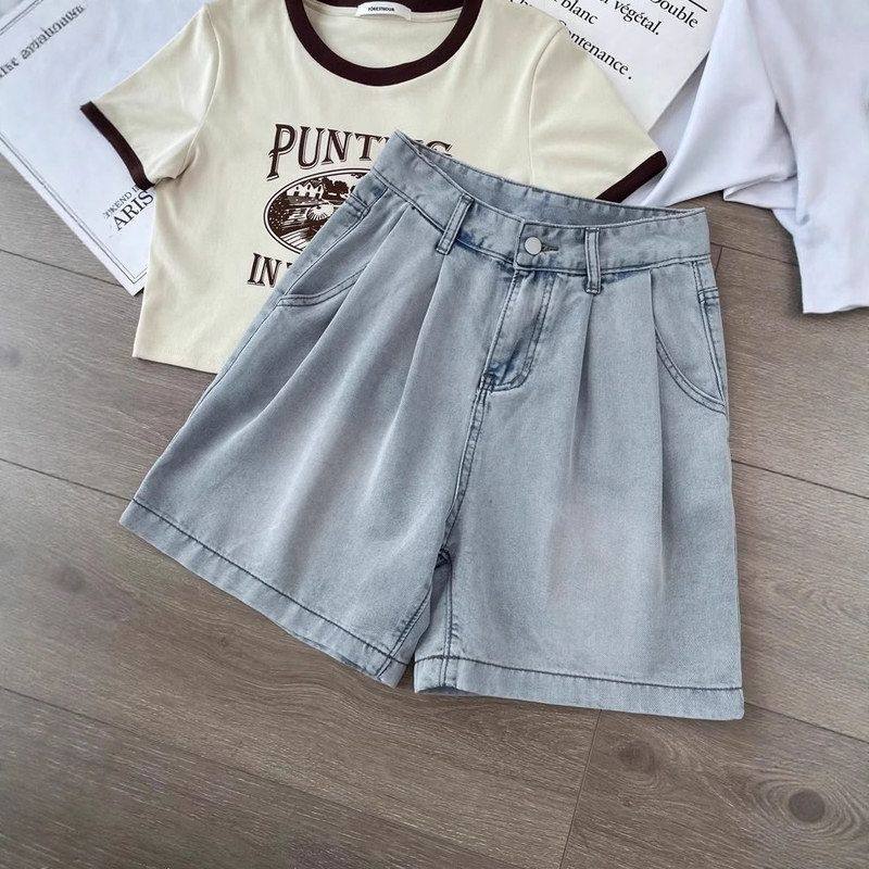 小个子牛仔短裤女2025夏季薄款高腰宽松显瘦浅色褶皱五分直筒中裤,女装/女士精品,牛仔裤,淘宝优惠券,粉丝福利购,淘宝优惠卷