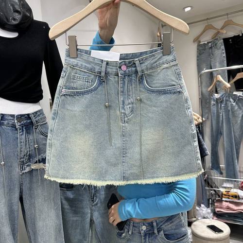 韩系毛边牛仔短裙女2024夏季新款高腰宽松显瘦a字小个子包臀裙ins