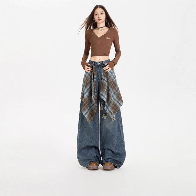 可拆卸屁帘阔腿牛仔裤女2025秋季新款高腰设计感假破洞宽松直筒裤