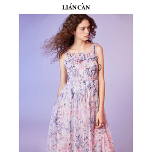 雪纺吊带连衣裙7121224003 印花网纱无袖 莲灿新中式 年减龄气质修身