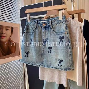 设计感高腰宽松显瘦短裙 新款 韩版 蝴蝶结刺绣牛仔半身裙女2025夏季