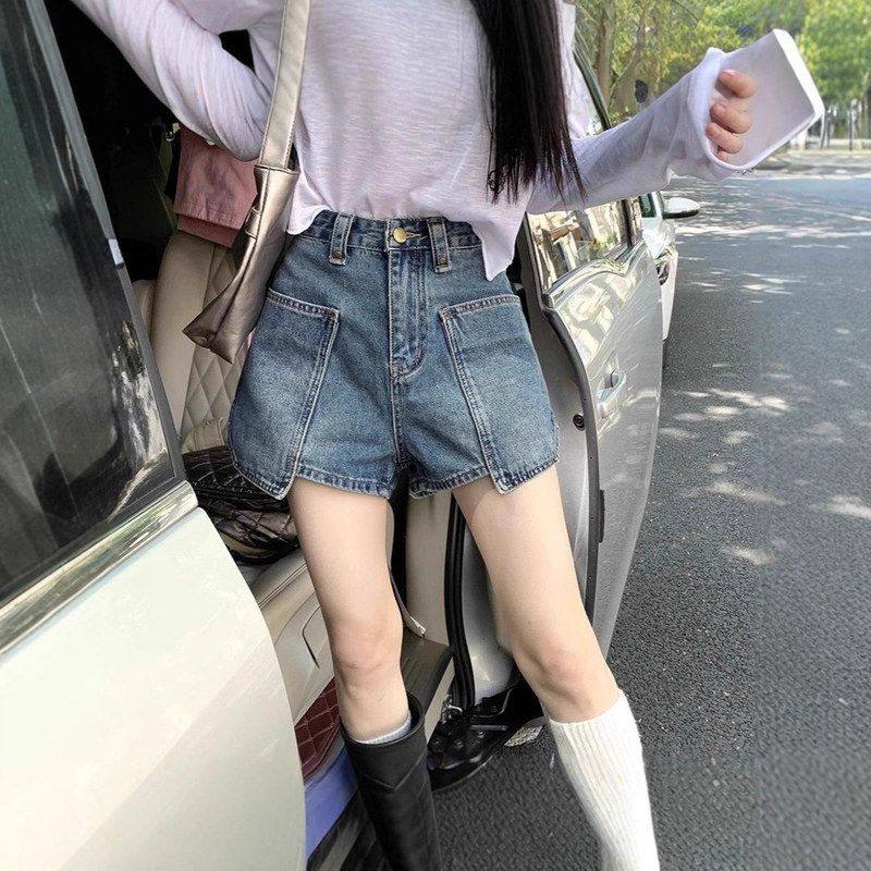 复古辣妹水洗牛仔短裤女2025夏季款工装口袋设计高腰显瘦阔腿热裤