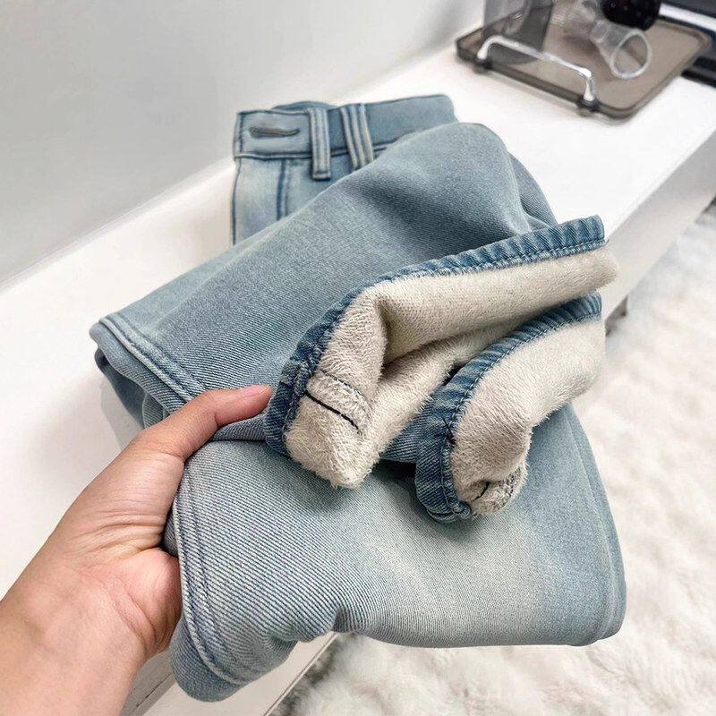 秋冬加绒保暖直筒牛仔裤女浅蓝色高腰宽松显瘦垂感百搭窄版阔腿裤