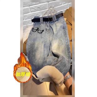 胖mm高腰显瘦小个子九分老爹裤 新款 女冬季 加绒加厚宽松哈伦牛仔裤