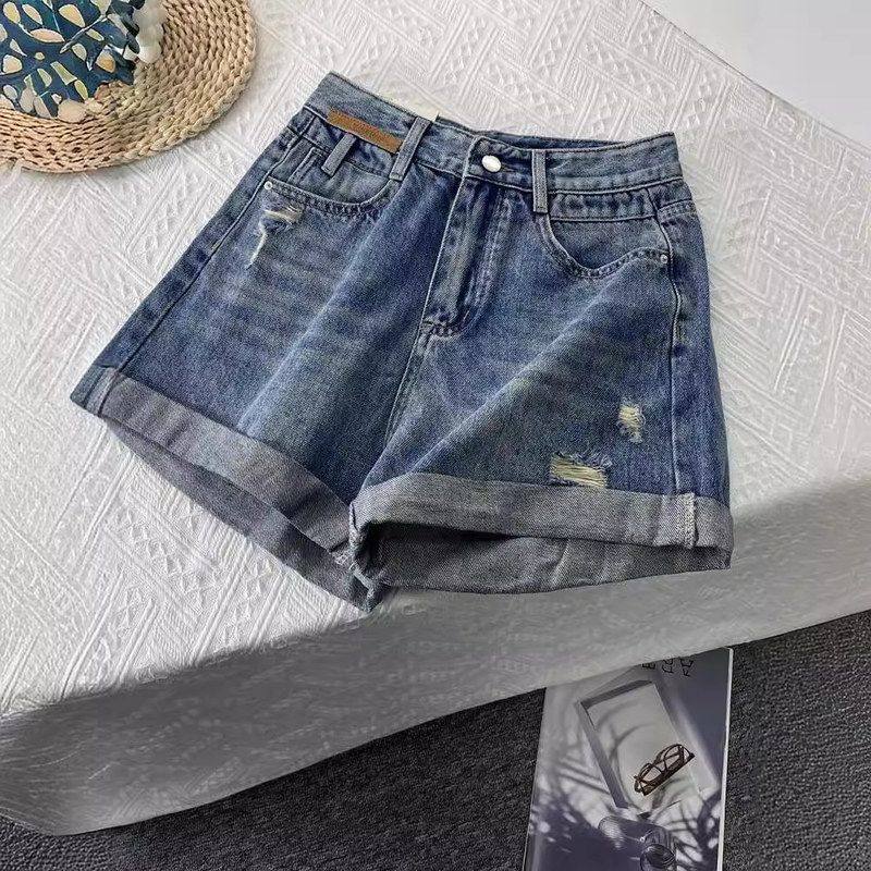 磨破卷边复古A字牛仔短裤女2024年新款高腰宽松显瘦阔腿热裤夏季