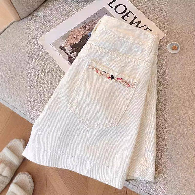 白色刺绣直筒牛仔短裤女2025夏季新款高腰宽松显瘦a字阔腿热裤薄