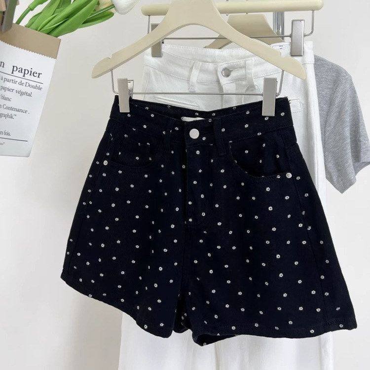 甜酷风黑色波点碎花牛仔短裤女夏季新款高腰显瘦阔腿a字热裤子潮