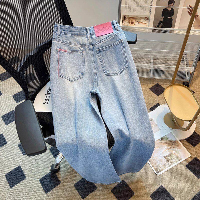 浅蓝色宽松直筒牛仔裤女2024春秋新款高腰显瘦垂感阔腿裤子ins潮