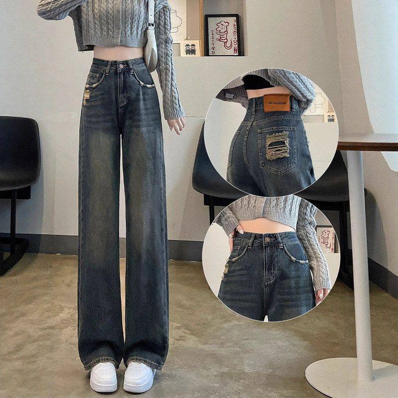 水泥灰直筒牛仔裤女春秋复古新款高腰宽松显瘦垂感窄版阔腿拖地裤