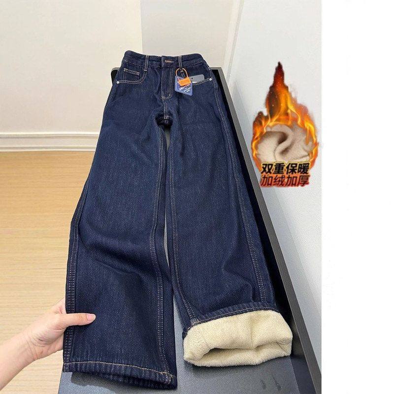 小个子美式复古直筒牛仔裤女2025秋冬加绒高腰显瘦窄版阔腿拖地裤