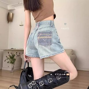 高腰宽松显瘦a字阔腿热裤 韩版 新款 女2024夏季 口袋设计感牛仔短裤