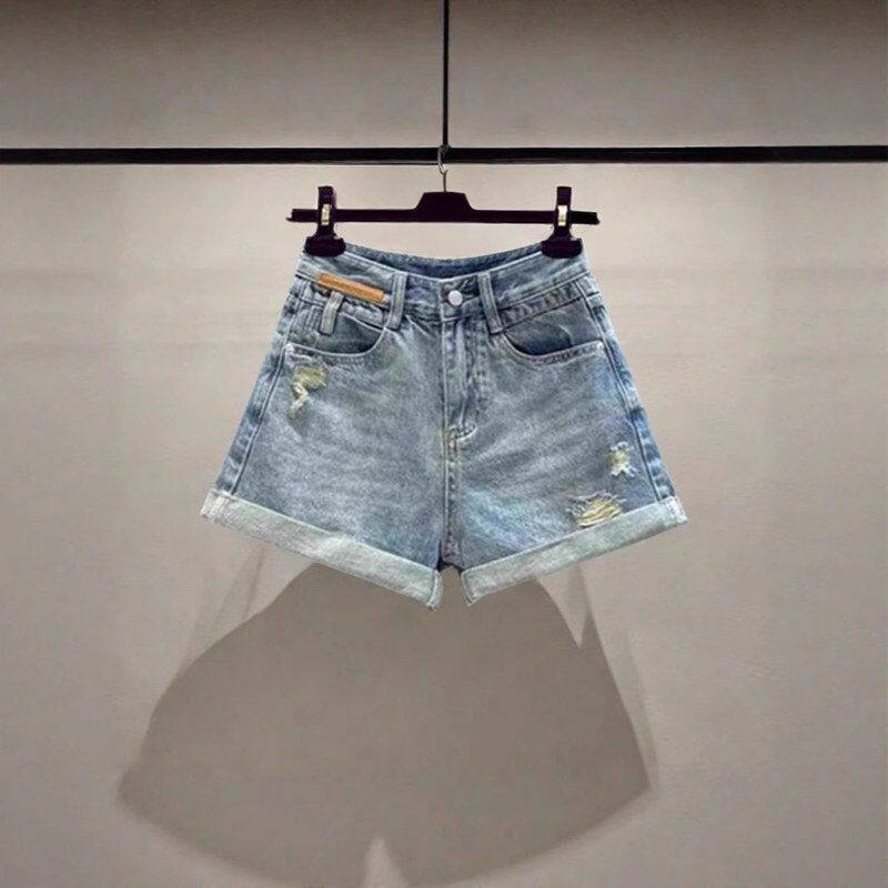复古磨破卷边A字牛仔短裤女2025夏季新款高腰宽松显瘦阔腿热裤子