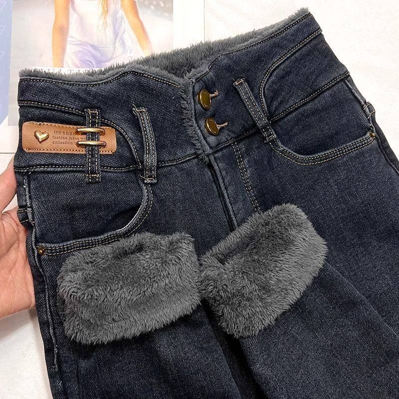 加绒加厚小脚牛仔裤胖MM大码冬高腰显瘦修身设计感铅笔裤显腿长