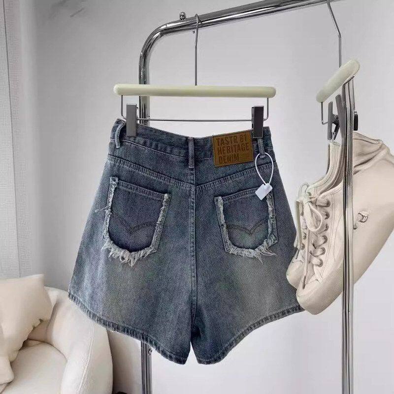 小众休闲牛仔短裤2024年新款女装宽松显瘦阔腿A字热裤口袋设计感