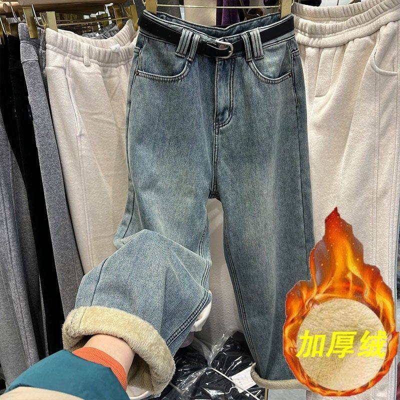 胖MM设计感加绒加厚蓝色九分牛仔裤女大码冬季高腰宽松显瘦直筒裤