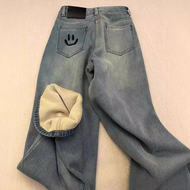 笑脸刺绣加绒加厚阔腿牛仔裤女胖mm大码冬季新款高腰显瘦直筒裤子,女装/女士精品,牛仔裤,淘宝优惠券,粉丝福利购,淘宝优惠卷
