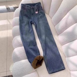 复古蓝窄版阔腿牛仔裤女加绒加厚2025秋冬新款高腰显瘦直筒拖地裤