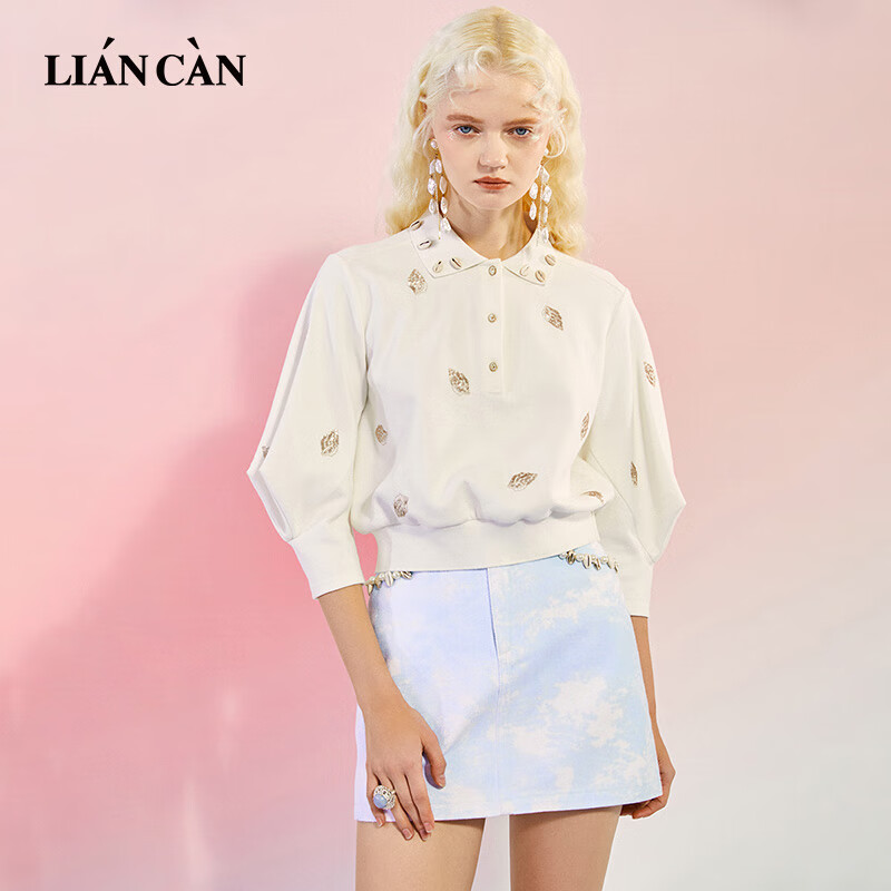 莲灿新国风秋季波西米亚螺纹领装饰贝壳刺绣白色卫衣7122214002