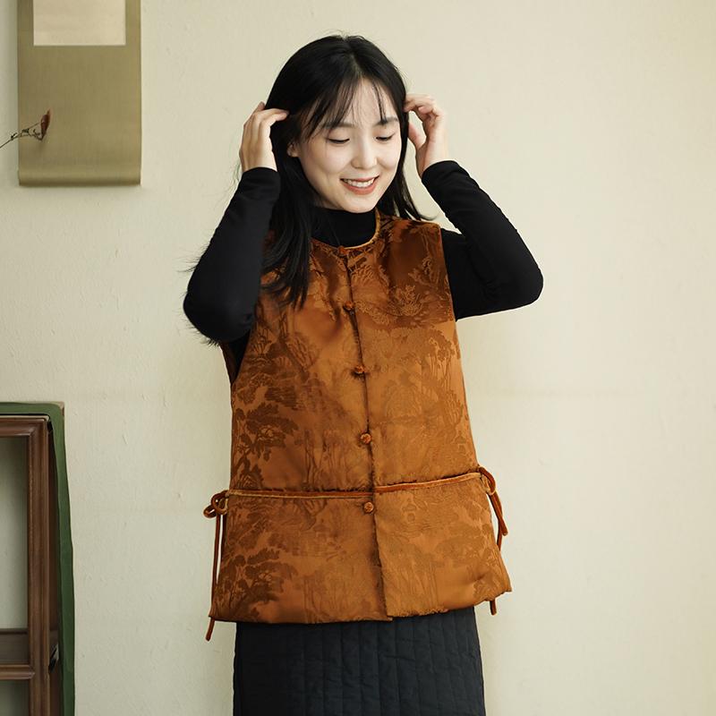 艾绘馆新中式复古提花圆领盘扣马甲秋冬季中国风禅意90白鸭绒马甲