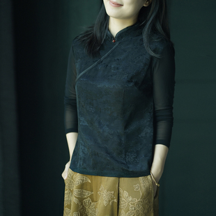 打底 国风休闲盘扣长袖 艾绘馆新中式 复古黑色丝棉提花上衣女秋冬季