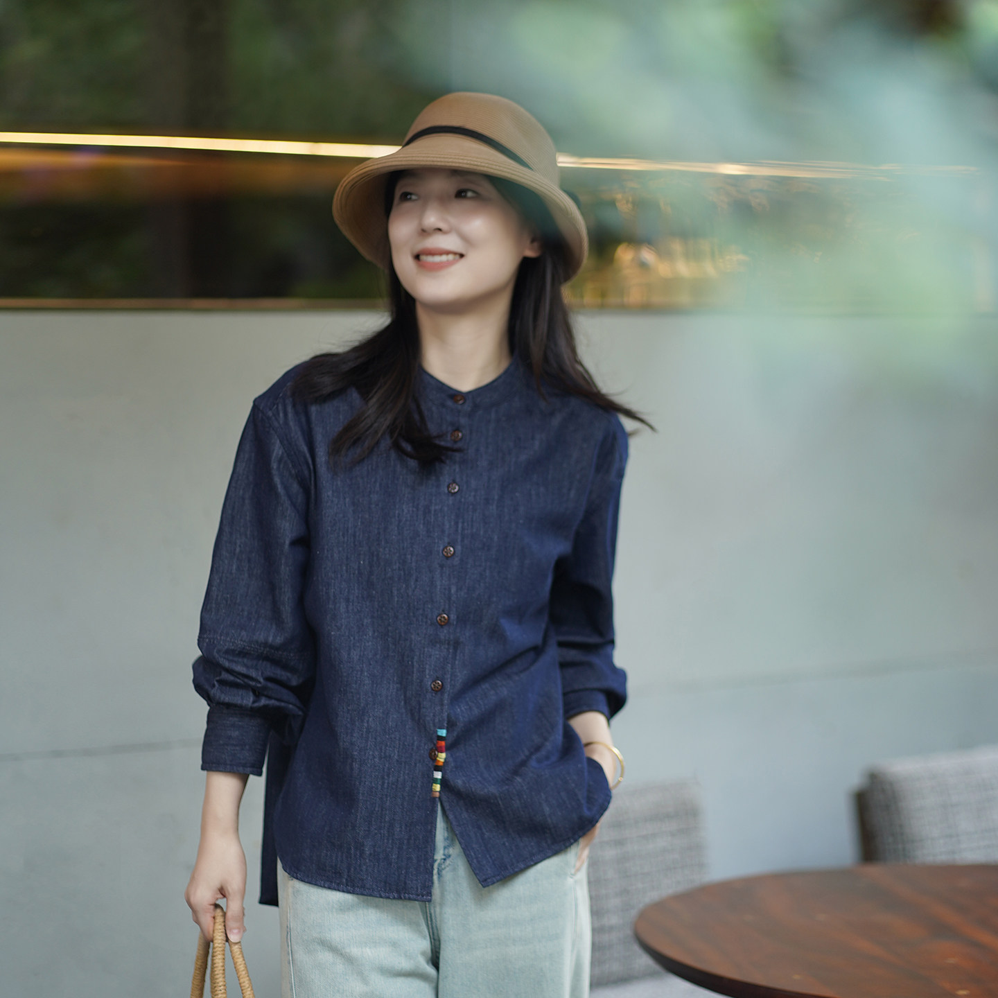 艾绘馆复古立领牛仔宽松衬衫女图片