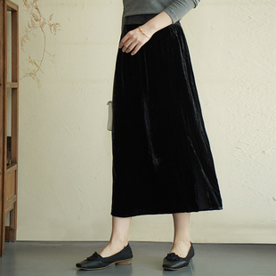 艾绘馆春夏季 A字裙女复古真丝丝绒优雅半身裙 黑色遮肉显瘦中长款