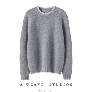 独爱气质款 女圆领100%纯羊绒毛衣宽松秋冬 加厚假两件纯山羊绒衫