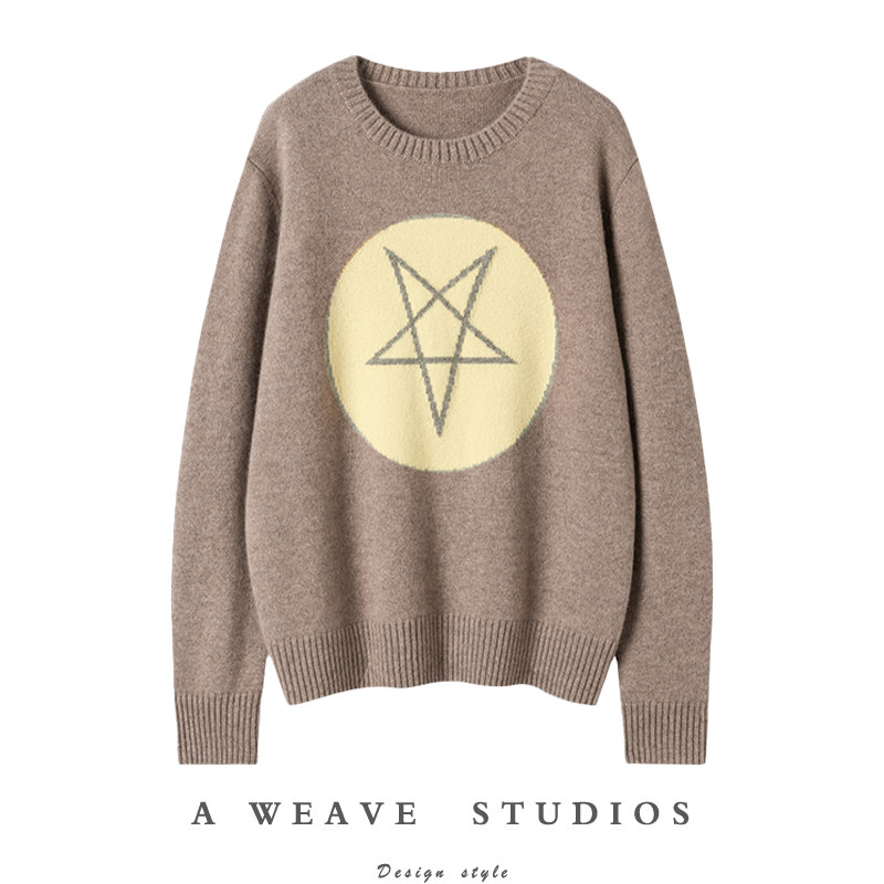 太哇塞了！黄色五芒星提花羊绒衫女圆领纯羊绒毛衣宽松秋冬加厚,女装/女士精品,羊绒衫,淘宝优惠券,粉丝福利购,淘宝优惠卷