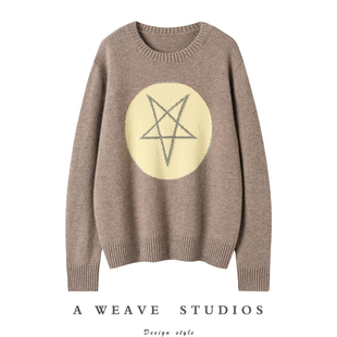 太哇塞了 女圆领纯羊绒毛衣宽松秋冬加厚 黄色五芒星提花羊绒衫