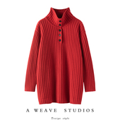 金贝绒2024慵懒感中长款 新年红系列 红色高领羊绒连衣裙毛衣女