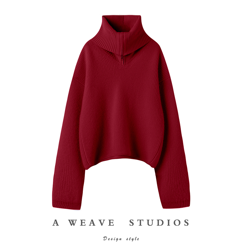 精致慵懒随意！〓绒+〓红色拉链大翻领阔袖粗针羊绒毛衣女2024冬,女装/女士精品,羊绒衫,淘宝优惠券,粉丝福利购,淘宝优惠卷