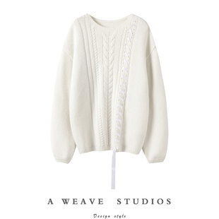 不挑人巨美~绸缎绑带加厚羊绒衫女圆领纯羊绒毛衣套头绞花上衣