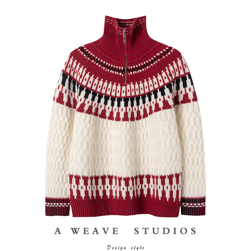 金贝绒〓绒+〓复古圣诞红拉链立领绞花费尔岛羊绒毛衣女冬季,女装/女士精品,羊绒衫,淘宝优惠券,粉丝福利购,淘宝优惠卷