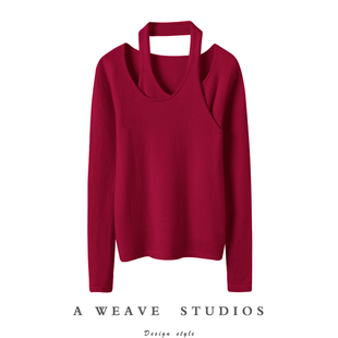 大家都爱~时尚通鉴!挂脖圆领山羊绒衫女纯羊绒毛衣针织衫露锁骨