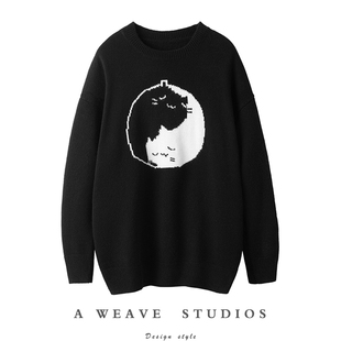 女中长款 我 黑白猫咪加厚羊绒衫 太喜欢了 纯山羊绒毛衣宽松 天