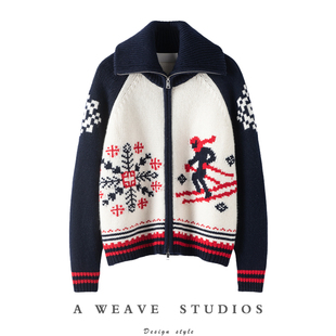 惊艳于人海中!翻领双拉链宽松慵懒滑雪提花纯羊绒针织开衫毛衣