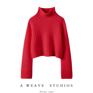 高领100%羊绒毛衣女 大红色编镂空编织阔袖 一万个推荐 ~2024新款