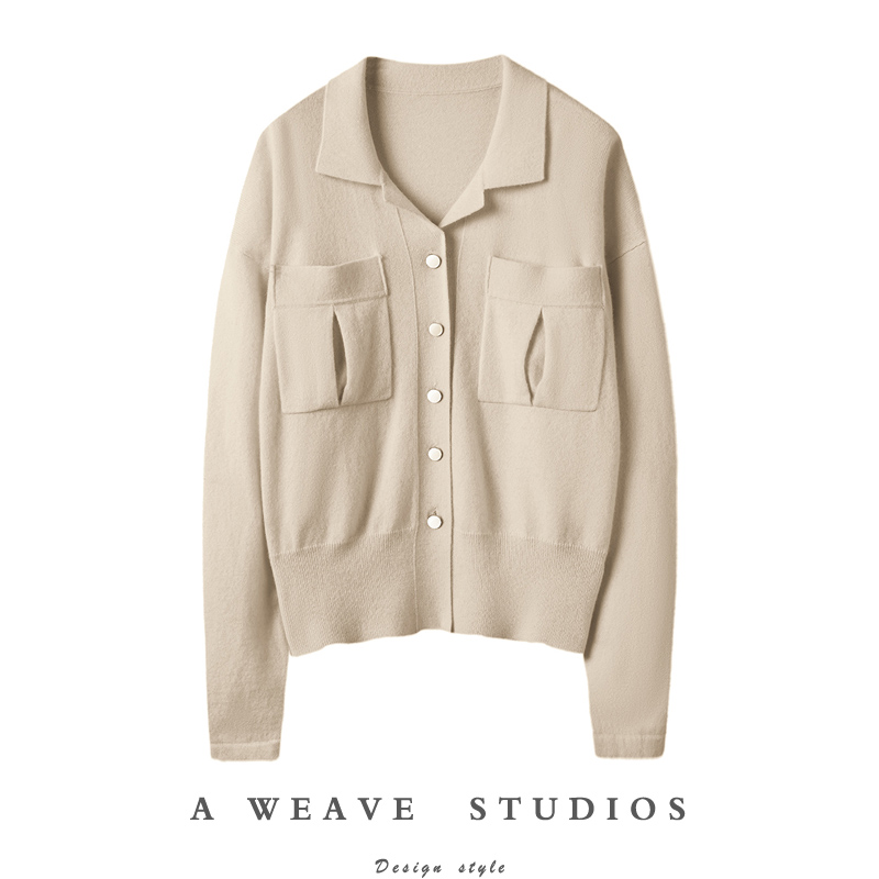 娴静岁月！！口袋衬衫式羊绒开衫女毛衣秋冬纯山羊绒衫上衣外套