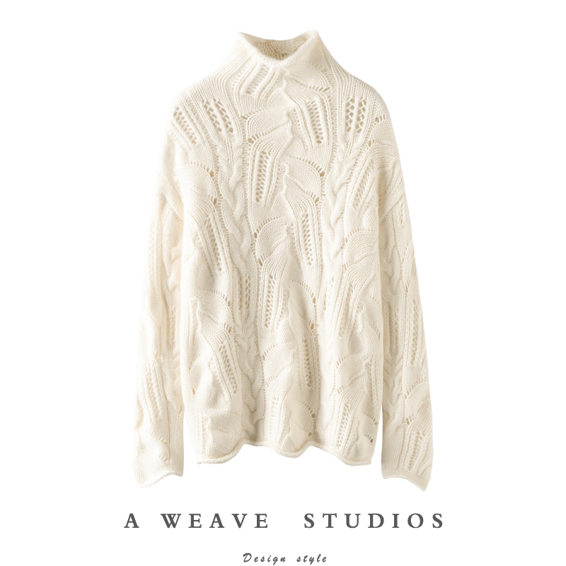 素年锦时!100%纯山羊绒衫女镂空秋冬半高领时尚纯色针织衫