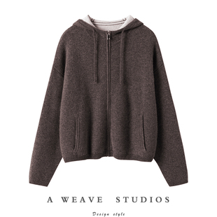 拼色100%纯山羊绒开衫 连帽羊绒衫 女外套 2024秋冬新款 CHAO好看