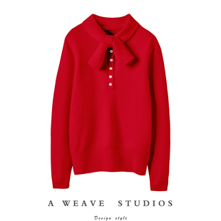 脱颖而出 围巾领结羊绒衫 女加厚纯羊绒毛衣针织打底衫 气质优雅