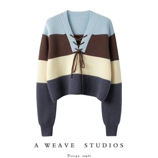 撞色条纹设计~纯羊绒毛衣女2024秋冬新款宽松慵懒系带V领短款上衣