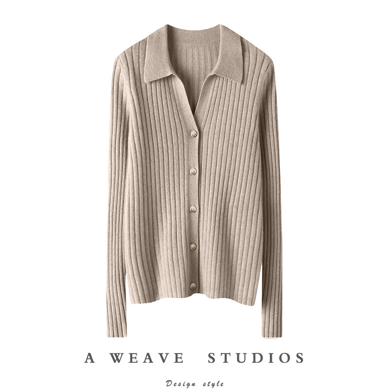 不能错过的！立体坑条羊绒开衫女修身Polo领纯羊绒毛衣开衫