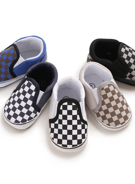 春秋3-6-12个月男女宝宝鞋子0-1岁婴儿软底格子学步鞋帆布防掉鞋