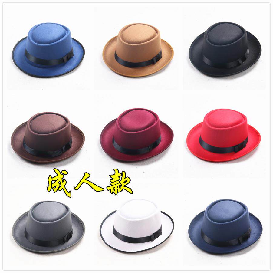 跨境秋冬圆顶复古英伦平顶小礼帽毛呢圆帽男女爵士帽休闲旅游帽子