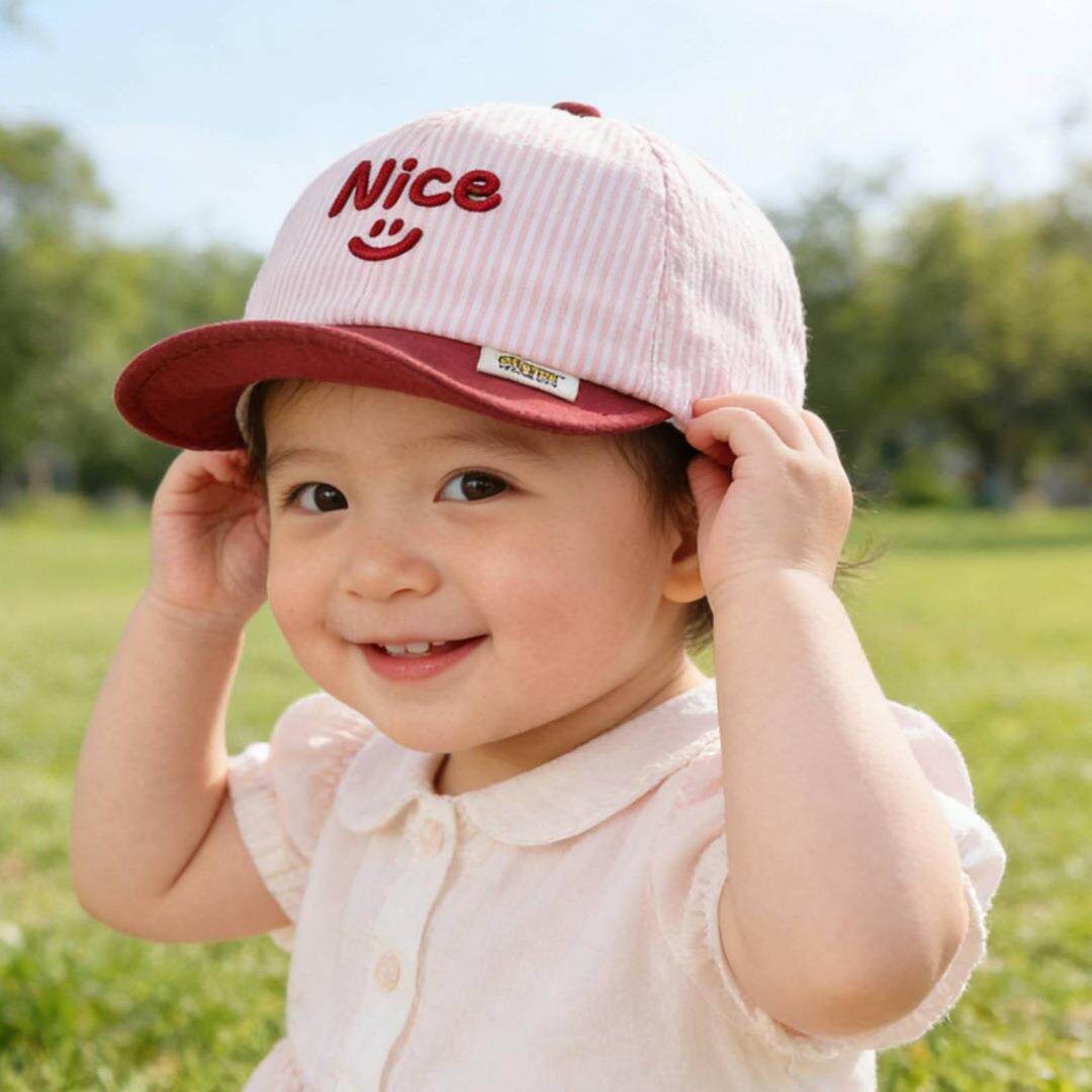 Nice笑脸刺绣婴幼儿软沿鸭舌帽春季男女宝宝条纹百搭防晒遮阳帽