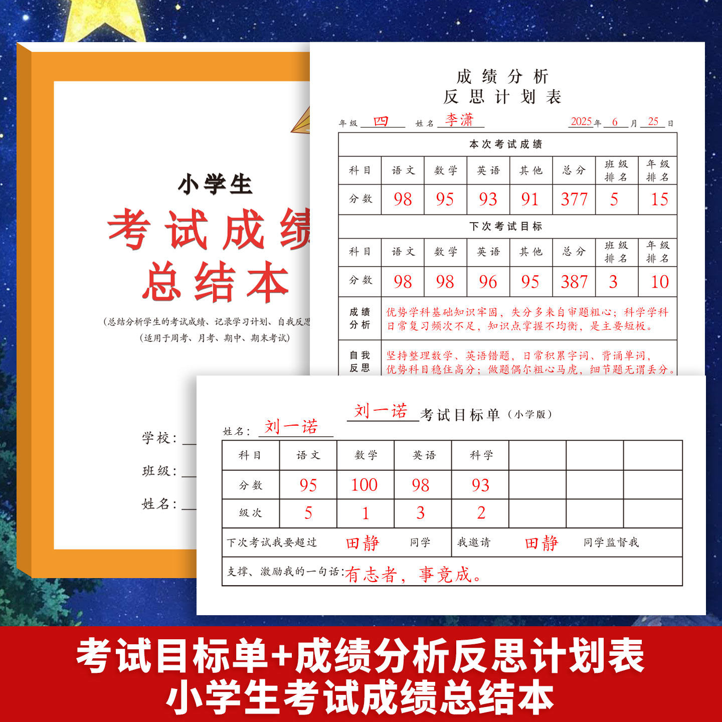 小学生考试成绩总结本考试目标单成绩分析反思计划表科目分析经验总结自我反思学习计划记录本自我反馈语数英