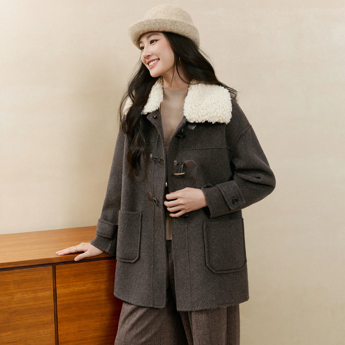 thumbnail for [Horn Croissant] Shangdu Bila Wool Reversible Wool Jacket for Women, Winter Horn Button Mid-Length Wool Coat