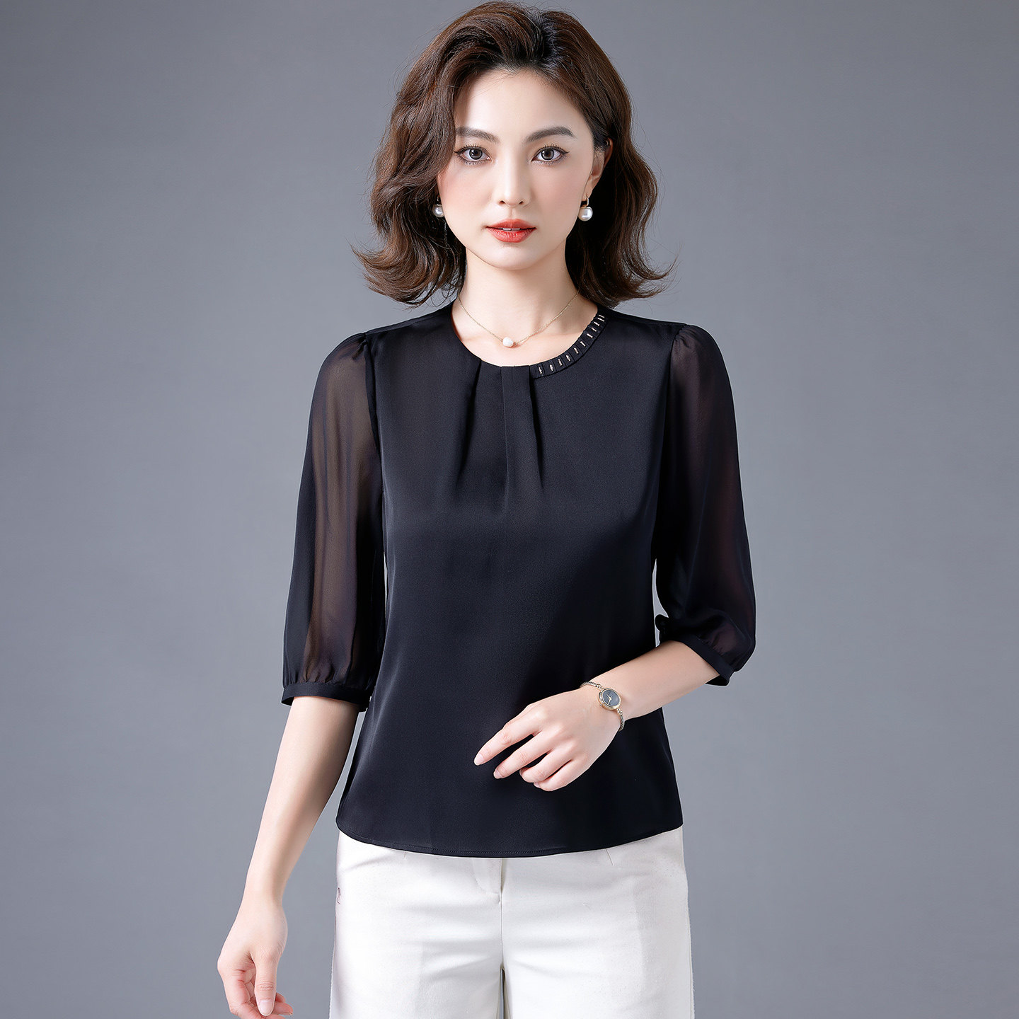 重磅真丝衬衫女中袖2026夏季设计感妈妈装小衫气质减龄桑蚕丝上衣